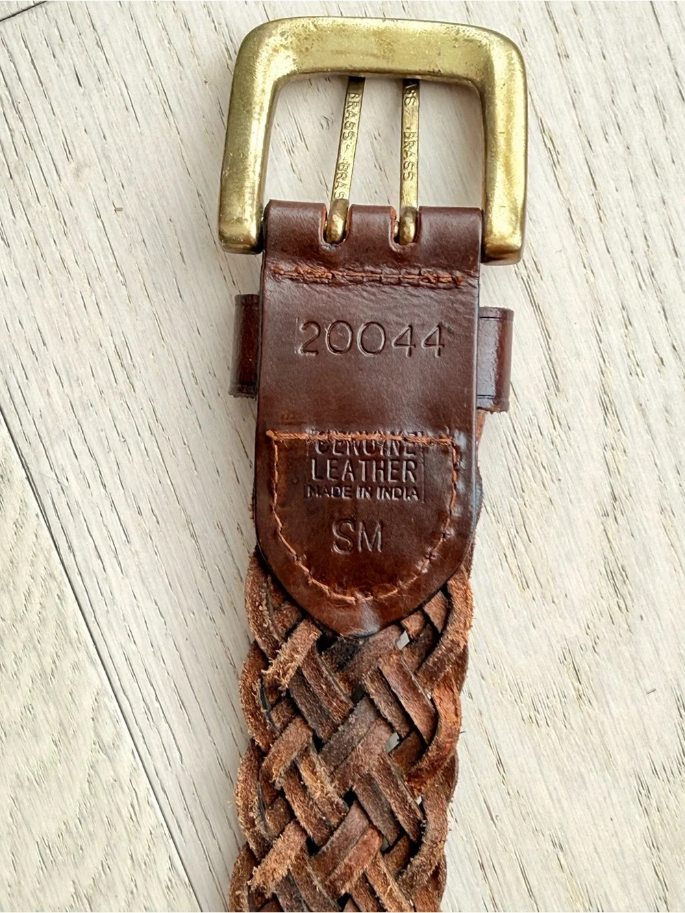 Vintage Woven Leather Belt Brown Brass Buckle Y2K Double Prong Small Medium